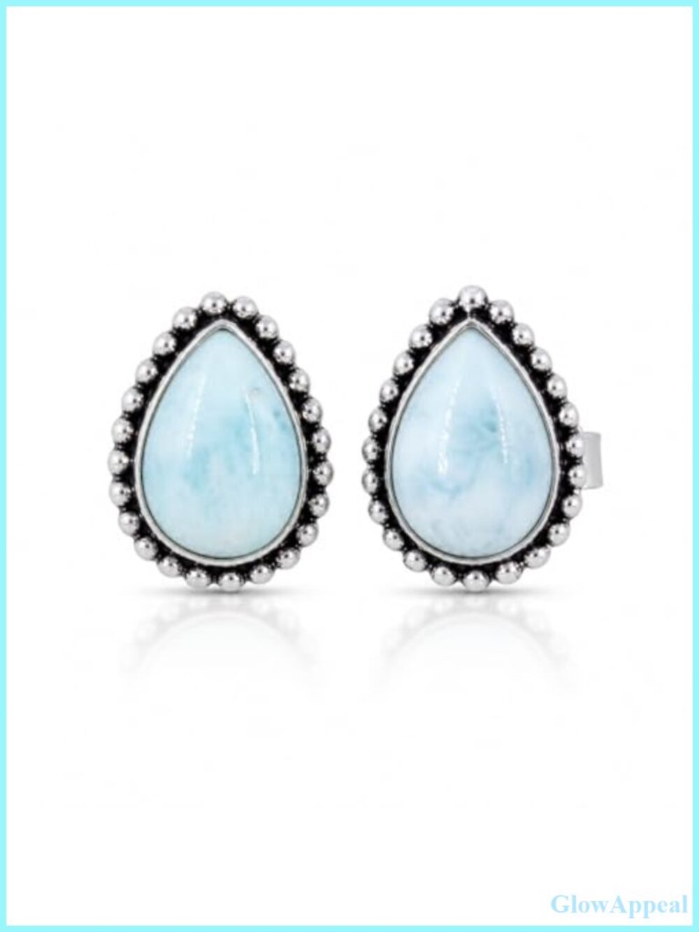 Sterling Silver Natural Larimar Pear Stud Earrings Handmade Vintage Jewelry